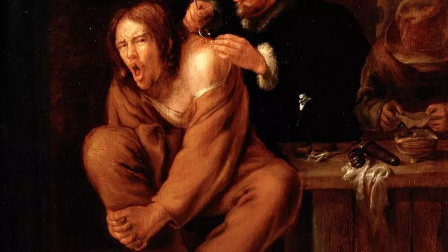 a surgeon applying medicine to a wound in the shoulder of a man in pain oil painting by gerrit lundens 1649wellcome